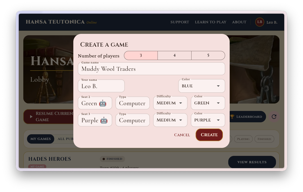 Solo game setup screen