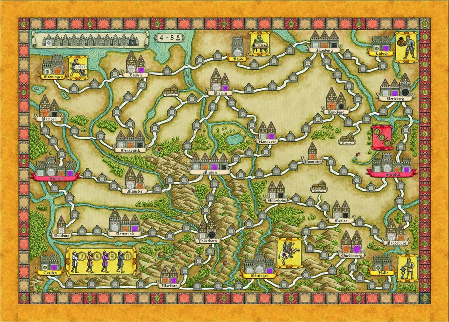 The Hanseatic League game board showing cities, trade routes, and special locations