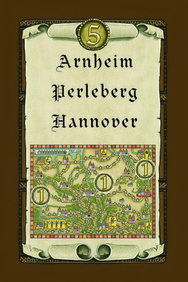 A Hansa Teutonica Mission card listing 3 target cities